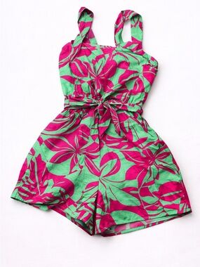 Women’s ' Green & Pink Floral Romper - Sleeveless Tie-Waist